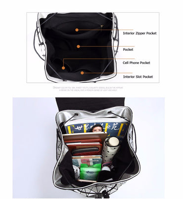 Women Backpacks Diamond Lattice Bucket String Bagpack Sequins Mirror Laser Women Bag Geometric Joint Black Rucksack School bag