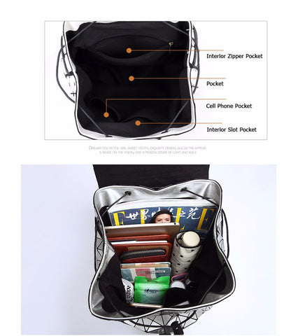 Women Backpacks Diamond Lattice Bucket String Bagpack Sequins Mirror Laser Women Bag Geometric Joint Black Rucksack School bag