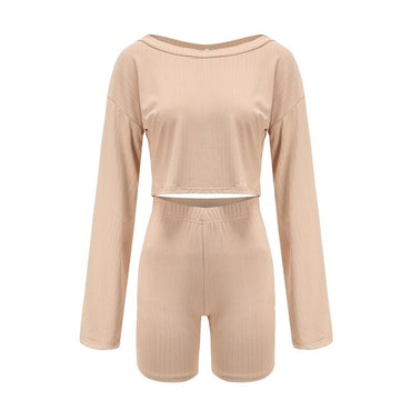 Casual Long Sleeve Sportswear Off Shoulder Yoga Ladies Summer Suits Elastic Waist Short Bottom Pant Women 2 Pieces Sets CaprisXL