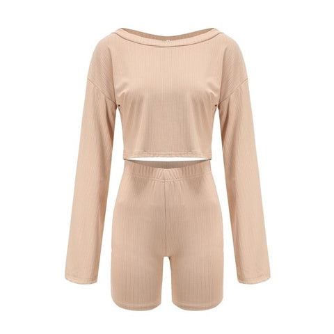 Casual Long Sleeve Sportswear Off Shoulder Yoga Ladies Summer Suits Elastic Waist Short Bottom Pant Women 2 Pieces Sets CaprisXL