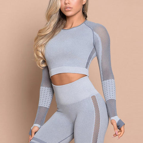 Women Fitness crop Top Seamless Yoga T-Shirt Full Sleeves Thumb hole  Running Fitness Workout sexy Yoga suit