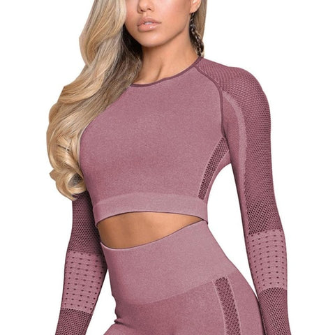 Women Fitness crop Top Seamless Yoga T-Shirt Full Sleeves Thumb hole  Running Fitness Workout sexy Yoga suit