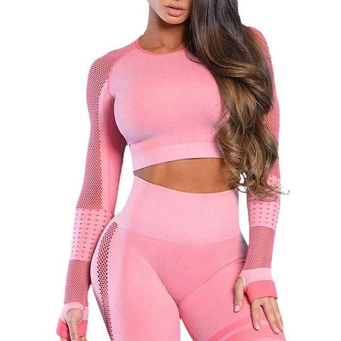 Women Fitness crop Top Seamless Yoga T-Shirt Full Sleeves Thumb hole  Running Fitness Workout sexy Yoga suit