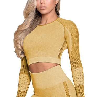 Women Fitness crop Top Seamless Yoga T-Shirt Full Sleeves Thumb hole  Running Fitness Workout sexy Yoga suit