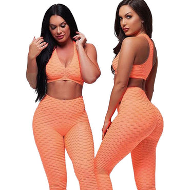 Women Racerback Fitness Sport suit Hight Waist Sports Bra Two Piece Jacquard Leggings ankle length padded tracksuit