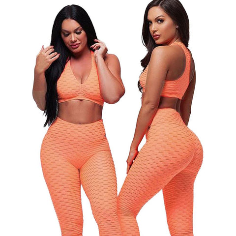 Women Racerback Fitness Sport suit Hight Waist Sports Bra Two Piece Jacquard Leggings ankle length padded tracksuit