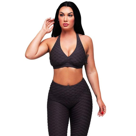 Women Racerback Fitness Sport suit Hight Waist Sports Bra Two Piece Jacquard Leggings ankle length padded tracksuit