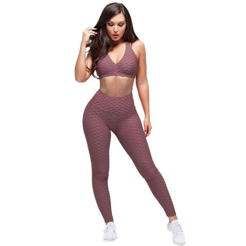 Women Racerback Fitness Sport suit Hight Waist Sports Bra Two Piece Jacquard Leggings ankle length padded tracksuit