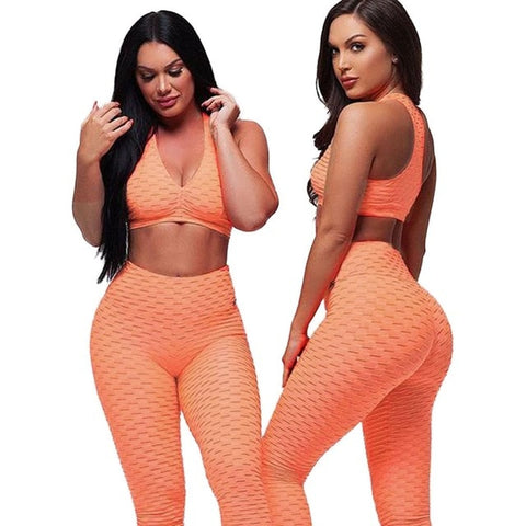 Women Racerback Fitness Sport suit Hight Waist Sports Bra Two Piece Jacquard Leggings ankle length padded tracksuit