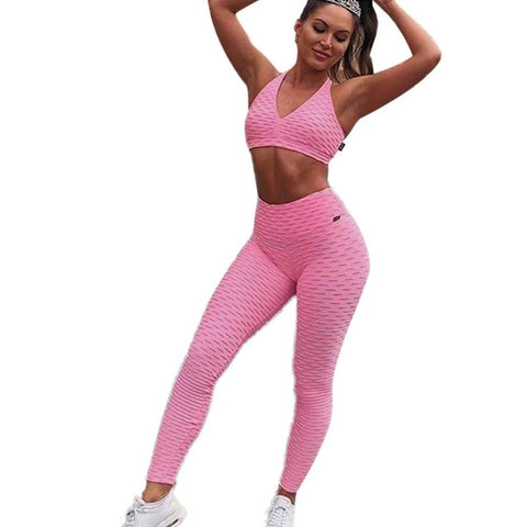 Women Racerback Fitness Sport suit Hight Waist Sports Bra Two Piece Jacquard Leggings ankle length padded tracksuit