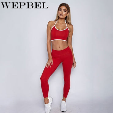 WEPBEL Running Fitness 2PCS Sets Women Two Pieces Set Tracksuit Crop Top Elastic Wasit Pants Slim Fit Sports Wear Yoga Suit