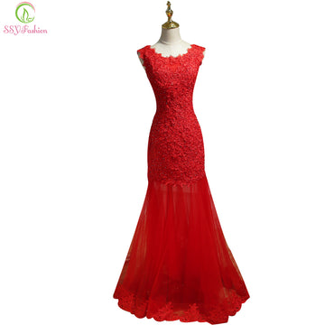 Dress Red Lace Beading Sleeveless Sexy Slim Fishtail Banquet Prom