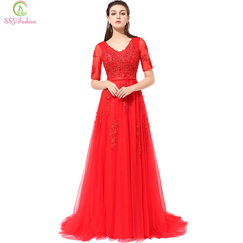 Half Sleeves V-neck Lace Beading Long Evening Dress