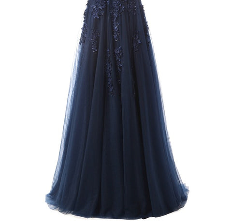 Half Sleeves V-neck Lace Beading Long Evening Dress