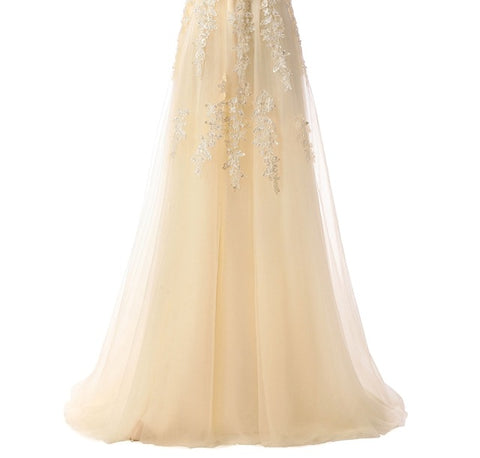 Half Sleeves V-neck Lace Beading Long Evening Dress