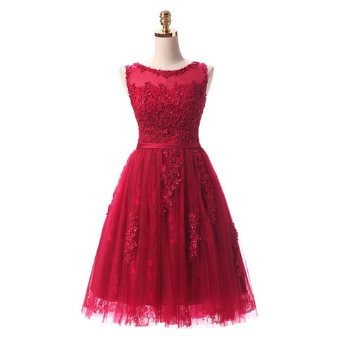 Wine Red Lace Embroidery Sleeveless A-line Evening Dress