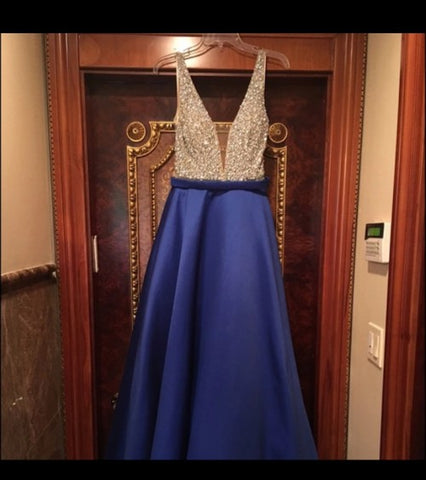 V-Neck Beads Bodice Open Back A Line Long Evening Dress