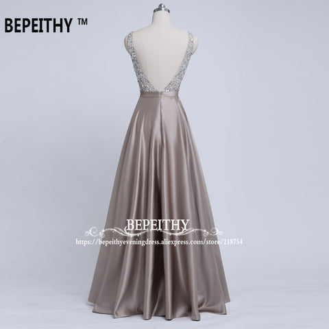 V-Neck Beads Bodice Open Back A Line Long Evening Dress