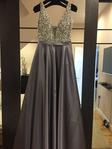 V-Neck Beads Bodice Open Back A Line Long Evening Dress