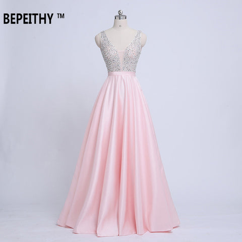 V-Neck Beads Bodice Open Back A Line Long Evening Dress