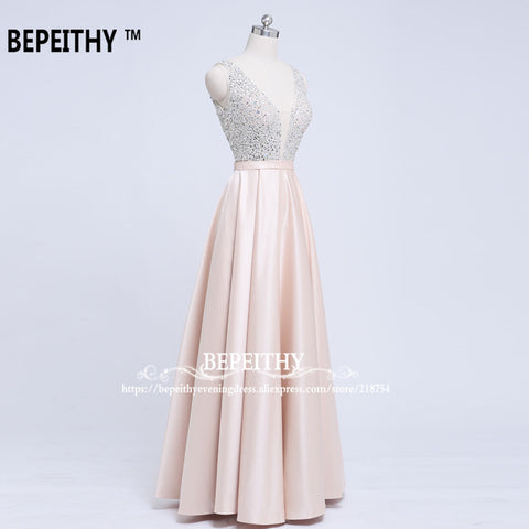 V-Neck Beads Bodice Open Back A Line Long Evening Dress