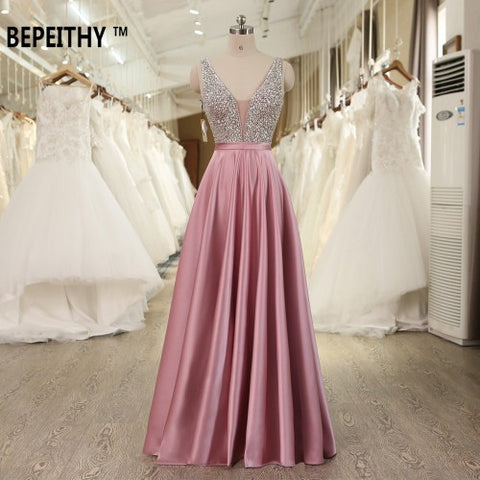 V-Neck Beads Bodice Open Back A Line Long Evening Dress