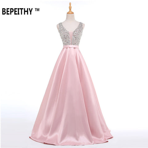 V-Neck Beads Bodice Open Back A Line Long Evening Dress