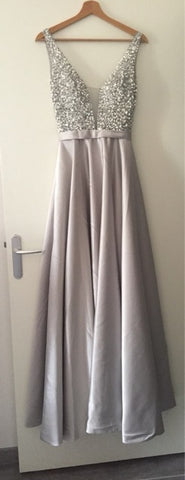 V-Neck Beads Bodice Open Back A Line Long Evening Dress