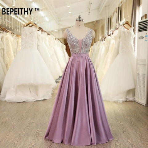 V-Neck Beads Bodice Open Back A Line Long Evening Dress