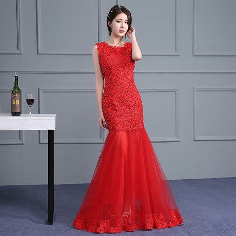 Dress Red Lace Beading Sleeveless Sexy Slim Fishtail Banquet Prom
