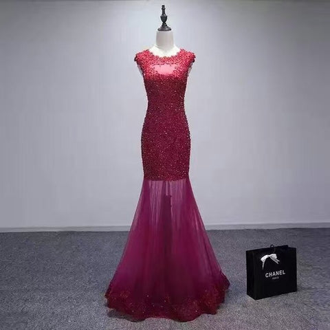 Dress Red Lace Beading Sleeveless Sexy Slim Fishtail Banquet Prom