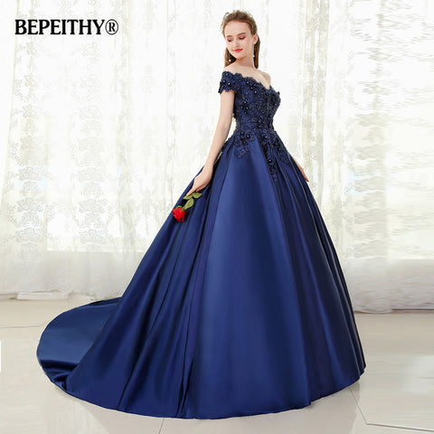V-neck Navy Blue Long Evening Dress Lace Beaded