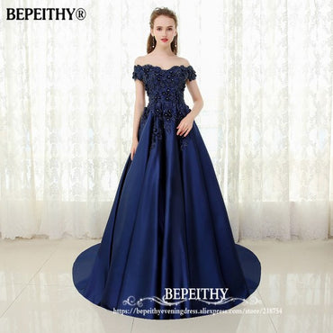 V-neck Navy Blue Long Evening Dress Lace Beaded