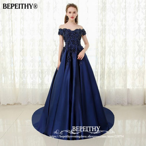 V-neck Navy Blue Long Evening Dress Lace Beaded