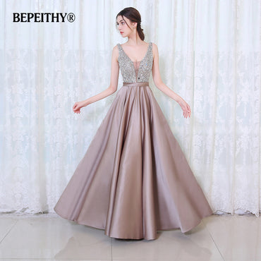 V-Neck Beads Bodice Open Back A Line Long Evening Dress