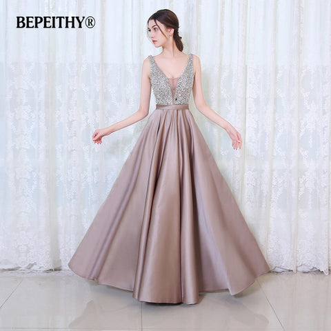 V-Neck Beads Bodice Open Back A Line Long Evening Dress