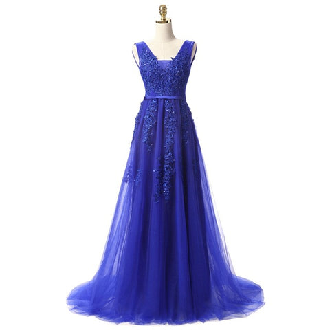 Sweet Light Blue Lace V-neck Lacing Long Evening Dress