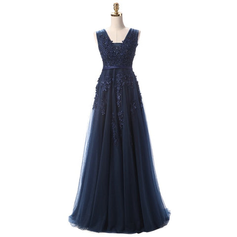Sweet Light Blue Lace V-neck Lacing Long Evening Dress
