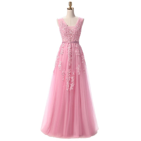 Sweet Light Blue Lace V-neck Lacing Long Evening Dress