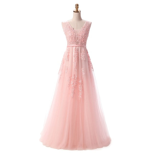 Sweet Light Blue Lace V-neck Lacing Long Evening Dress