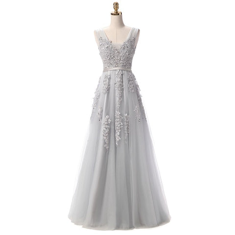Sweet Light Blue Lace V-neck Lacing Long Evening Dress