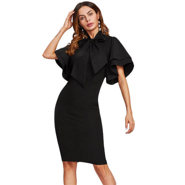 Bow Tie Neck Layered Flare Sleeve Pencil Dress