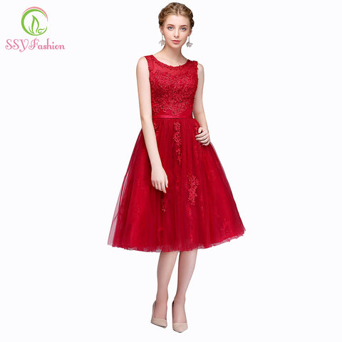 Wine Red Lace Embroidery Sleeveless A-line Evening Dress