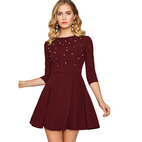 Burgundy Pearl Beading Embellished Fit & Flare Elegant Dress